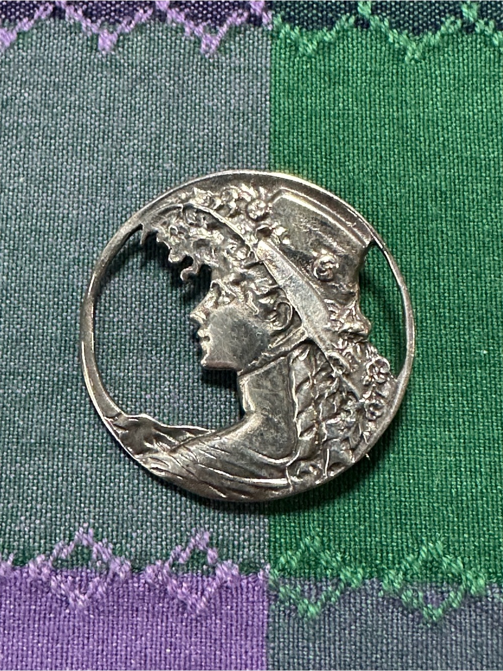Antique Sterling Silver Art Nouveau Woman Profile w/ Hat and Flowers Brooch